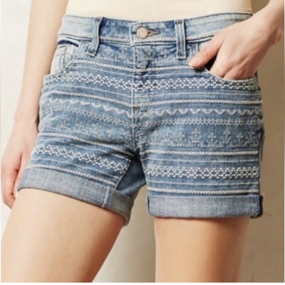 Pilcro Blue Embroidered Jean Shorts - Picture 1 of 8